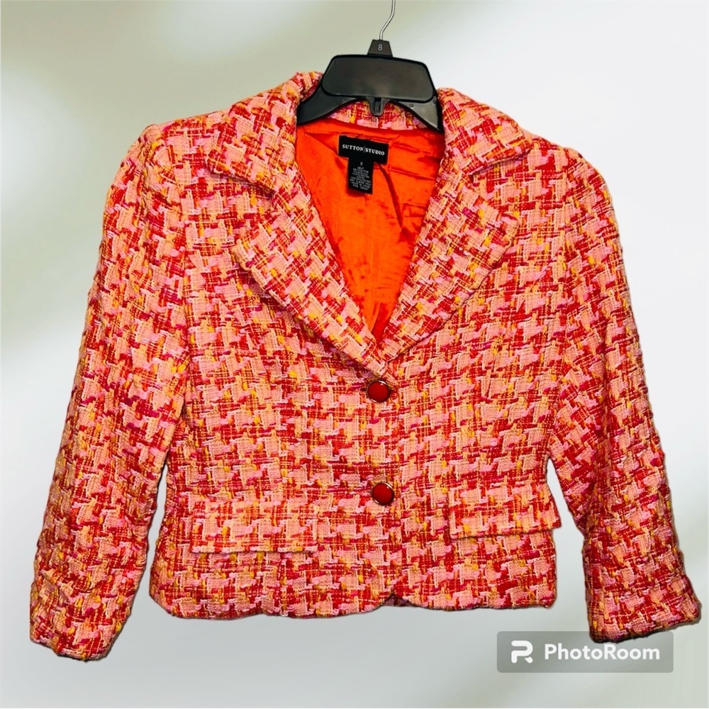 Sutton Studio Pink Orange Woven Houndstooth Size 8 Cotton Blend BARBIECORE
